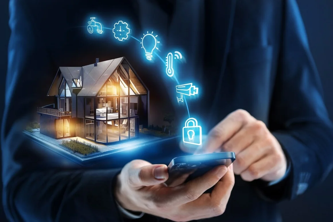 Person steuert Hausmodell per Smartphone